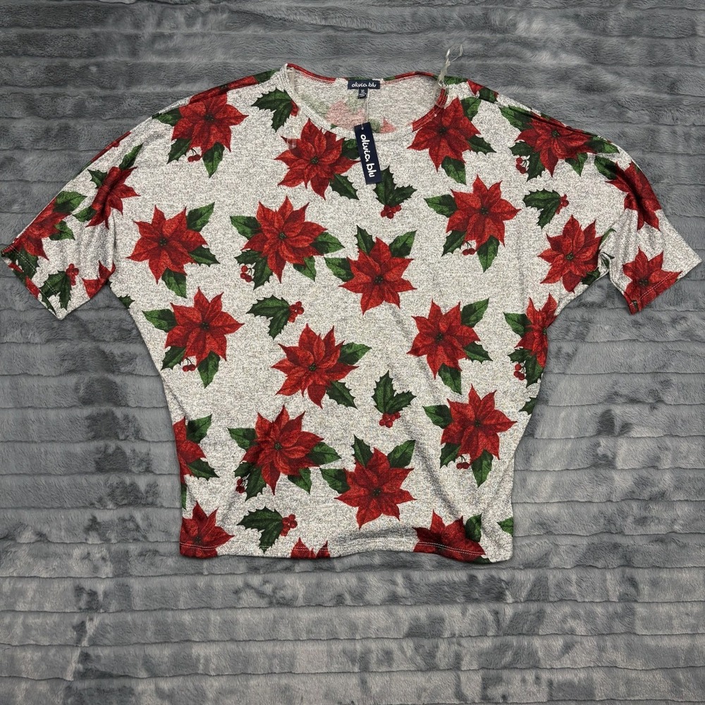 Olivia Blu Womens XL Poinsettia Floral Holiday Top Grey Red Short Sleeve 2513-2P